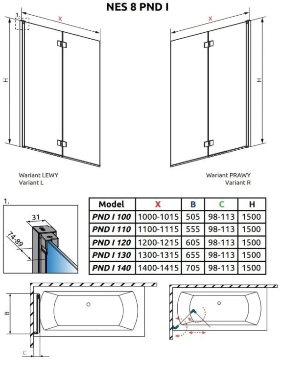 Parawan nawannowy Radaway Nes 8 PND I prawy chrom