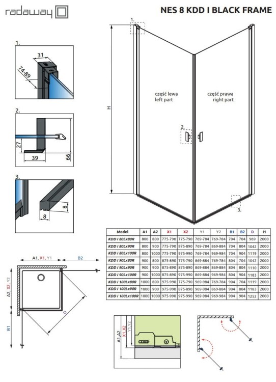 Kabina Radaway Nes 8 Black KDD I Factory 90x100x200 szkło przejrzyste