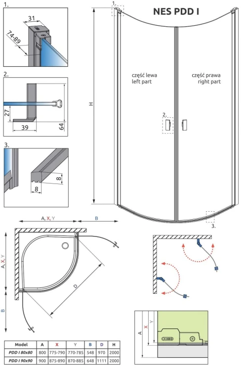 Kabina półokrągła Radaway Nes PDD I 90x90x200 szkło przejrzyste