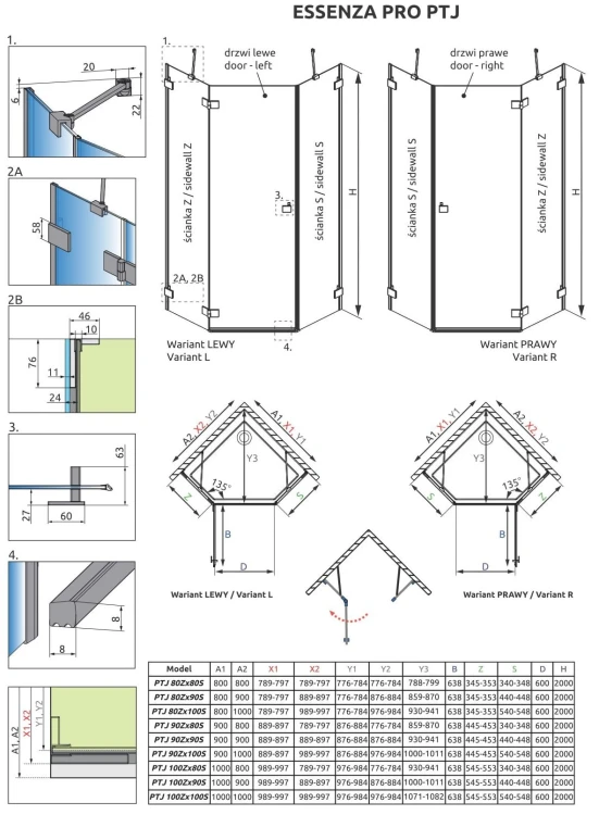 Kabina pięciokątna Radaway Essenza Pro PTJ 90x100x200 lewa przejrzysta