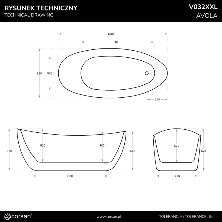 Wanna wolnostojąca avola v032xxlch 180 cm korek klik klak chrom