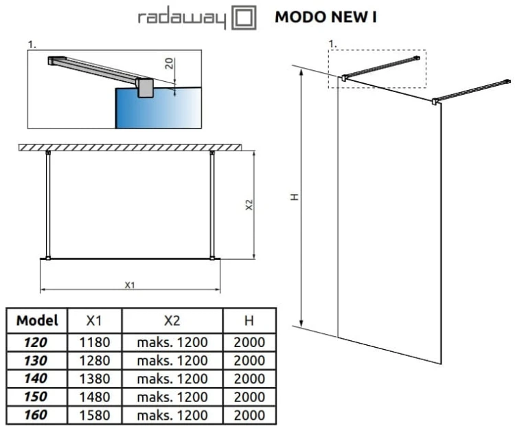 Kabina Radaway Modo New Black I 120x200 szkło przejrzyste