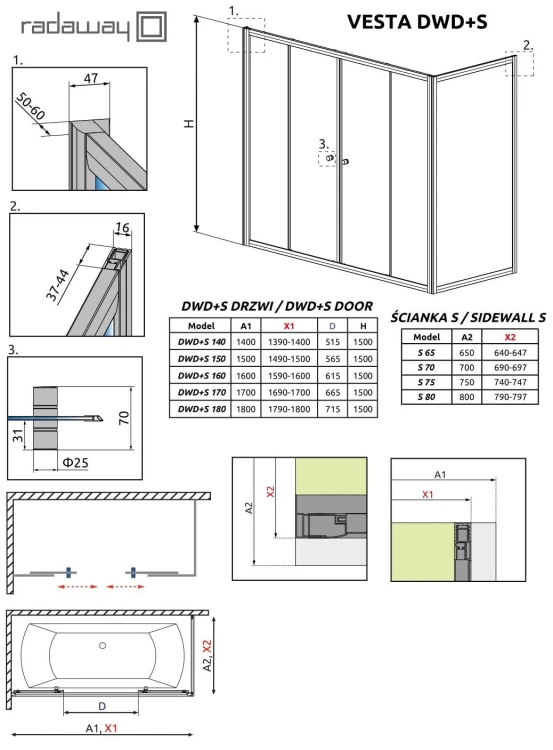 Zabudowa nawannowa ze ścianką Radaway Vesta DWD+S 160x80x150 szkło przejrzyste