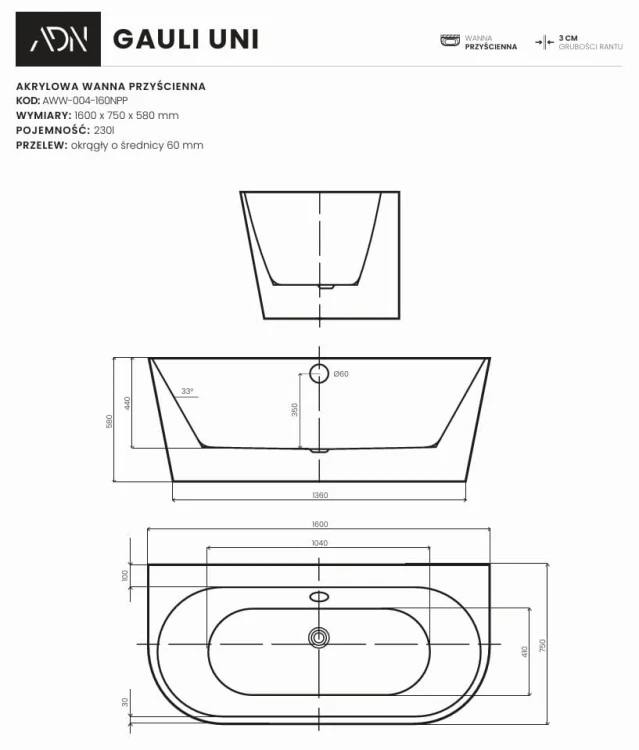 Wanna przyścienna GAULI UNI prawa 160x75 AD NATURALNIE