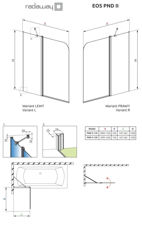 Parawan nawannowy Radaway Eos PND II 110x150 prawy, przejrzysty
