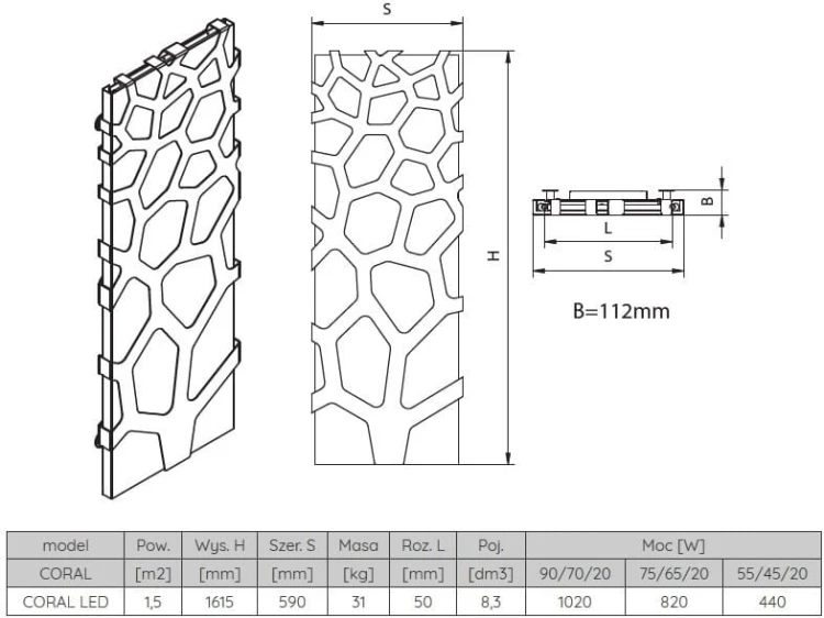 Grzejnik łazienkowy dekoracyjny Radeco Coral Led 161,5x59cm