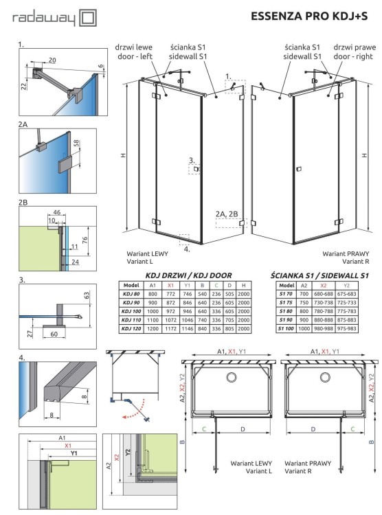 Kabina Radaway Essenza Pro Gold KDJ+S 100x100x200 lewa złota