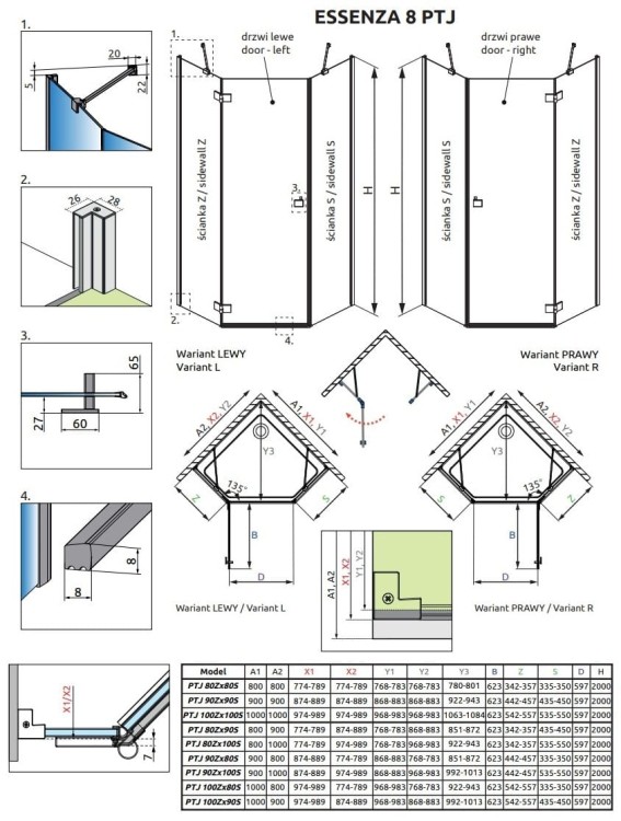 Kabina pięciokątna Radaway Essenza 8 Black PTJ lewa