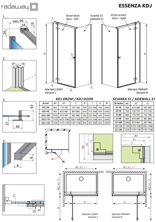 Kabina Radaway Essenza KDJ 90x90x200 lewa, szkło przejrzyste