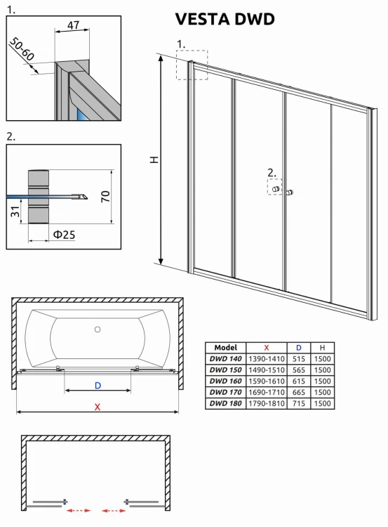 Zabudowa nawannowa Radaway Vesta DWD 150x150 szkło przejrzyste