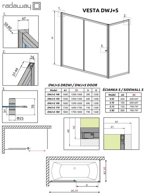 Zabudowa nawannowa Radaway Vesta DWJ+S 170x65x150 szkło przejrzyste