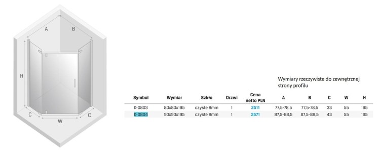Kabina pięciokątna New Trendy New Komfort 90x90x195 szkło czyste
