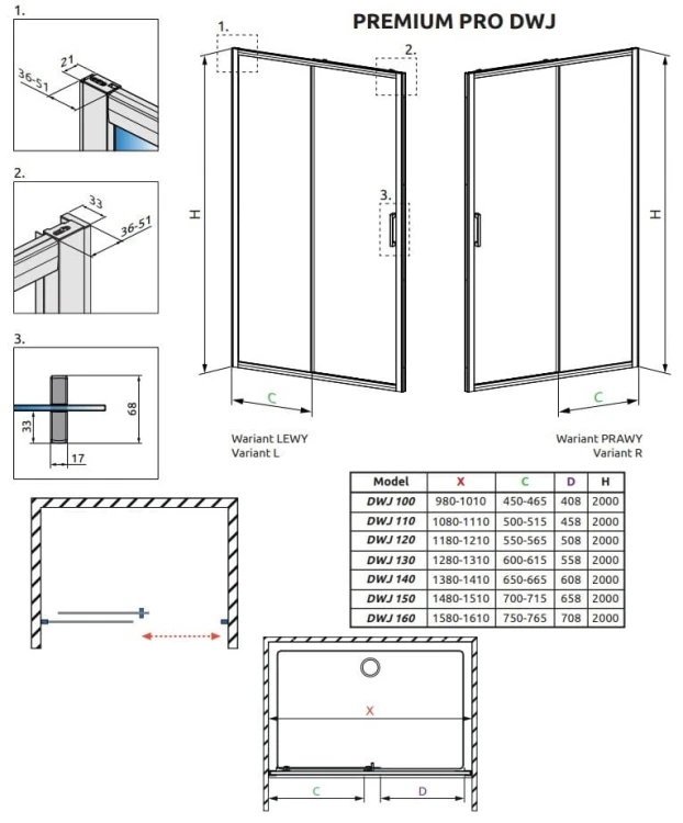 Drzwi prysznicowe Radaway Premium Pro Black DWJ 140x200 prawe