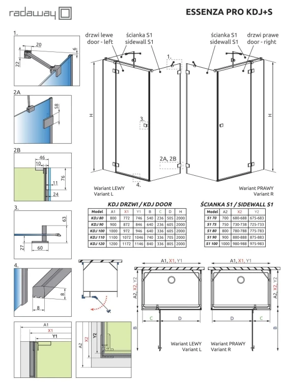 Kabina Radaway Essenza Pro Gold KDJ+S 80x90x200 prawa złota