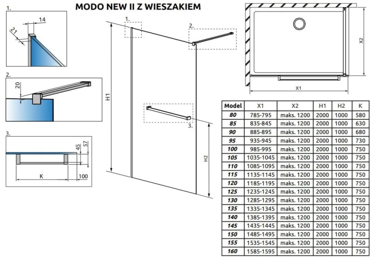 Kabina walk-in Radaway Modo New II z wieszakiem 140x200