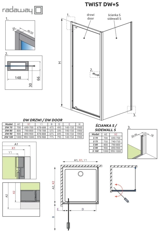 Kabina prostokątna Radaway Twist DW+S 80x70x190 szkło przejrzyste