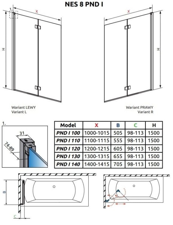 Parawan nawannowy Radaway Nes 8 PND I lewy chrom