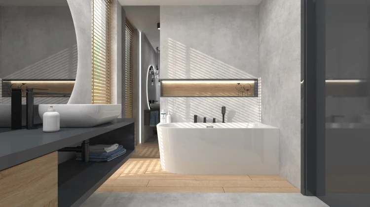 Wanna wolnostojąca narożna corsan intero 150 x 74 z szeroką krawędzią montaż prawostronny korek klik-klak grafit / gunmetal