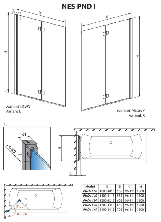 Parawan nawannowy Radaway Nes PND I 140x150 lewy, szkło przejrzyste