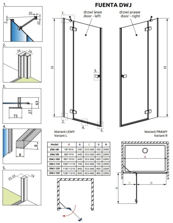 Drzwi prysznicowe Radaway Fuenta DWJ 120x200 prawe