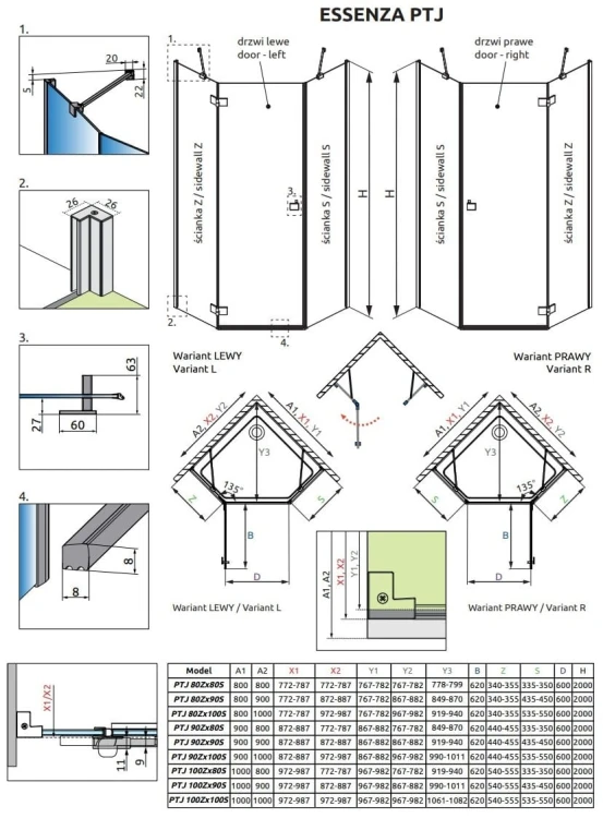 Kabina pięciokątna Radaway Essenza PTJ 90x80x200 prawa przejrzysta