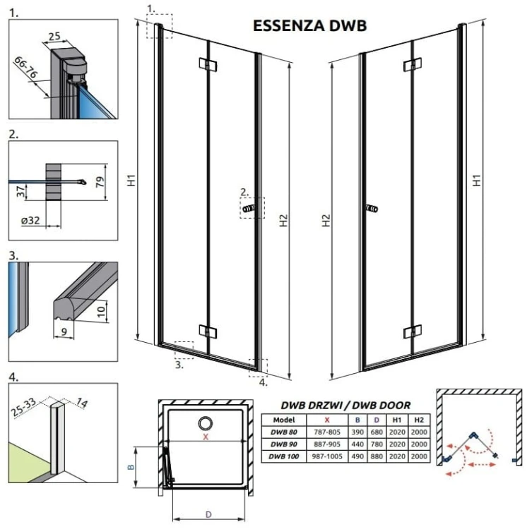 Drzwi prysznicowe Radaway Essenza DWB 90x200 prawe