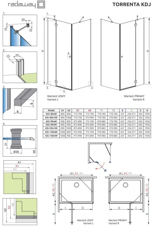 Kabina kwadratowa Radaway Torrenta KDJ 90x90x195 lewa, szkło przejrzyste