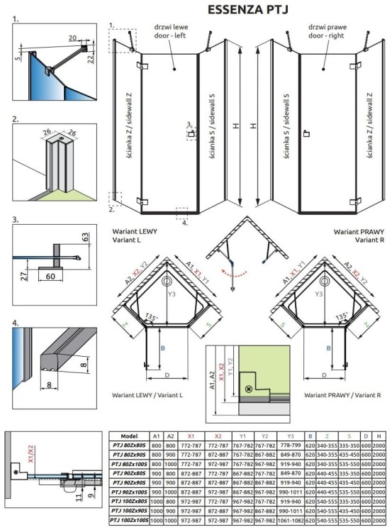 Kabina pięciokątna Radaway Essenza PTJ 80x80x200 lewa przejrzysta