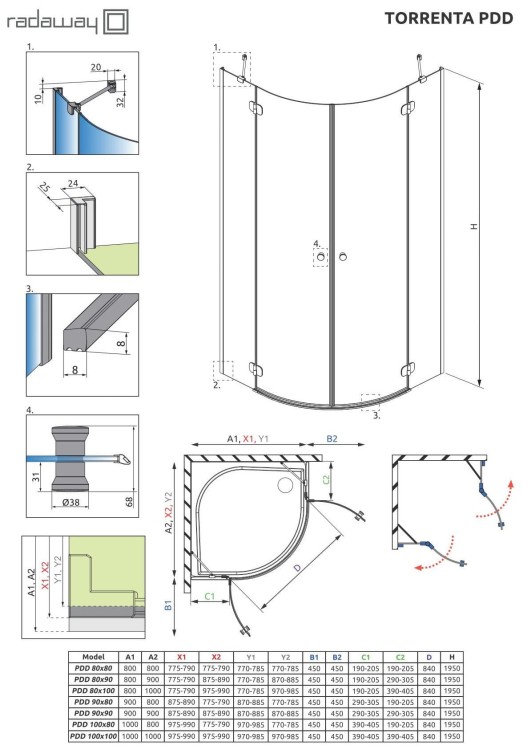 Kabina półokrągła Radaway Torrenta PDD 90x90x195 szkło przejrzyste