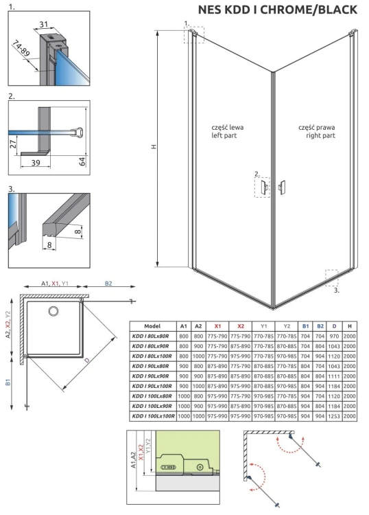 Kabina Radaway Nes KDD I 100x100x200 szkło przejrzyste