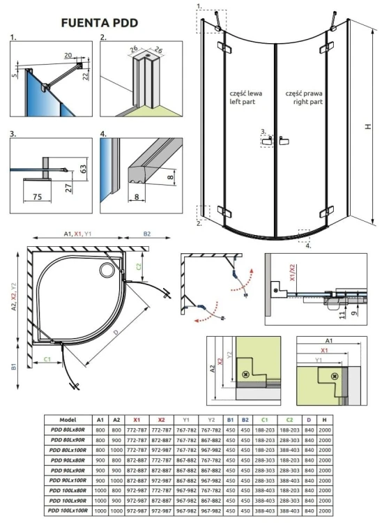 Kabina półokrągła Radaway Fuenta PDD 90x100x200 szkło przejrzyste