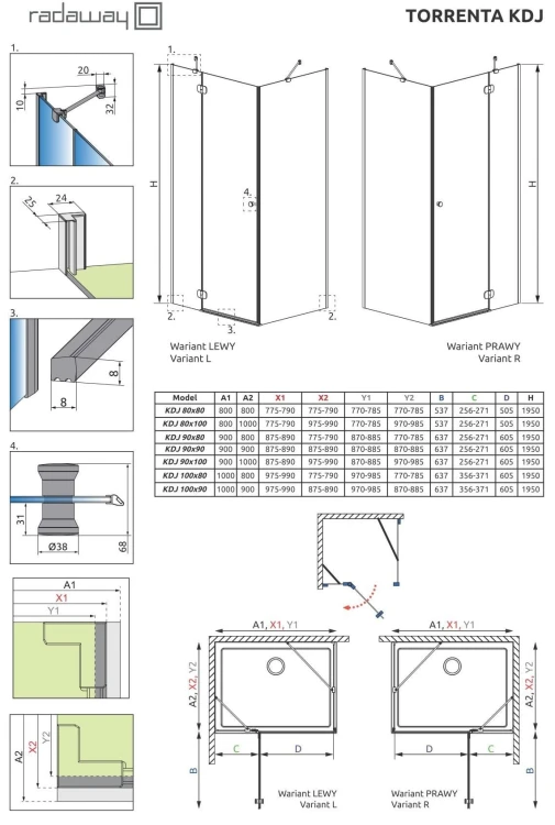 Kabina prysznicowa Radaway Torrenta KDJ 80x100x195 lewa, szkło przejrzyste