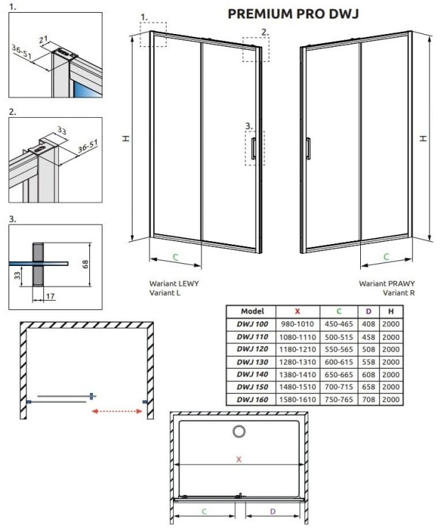 Drzwi prysznicowe Radaway Premium Pro DWJ 110x200 prawe