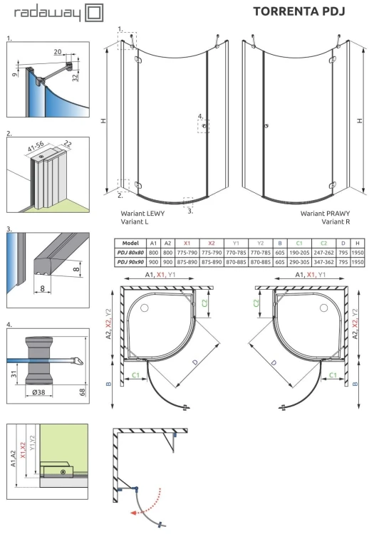 Kabina półokrągła Radaway Torrenta PDJ 90x90x195 prawa, szkło przejrzyste