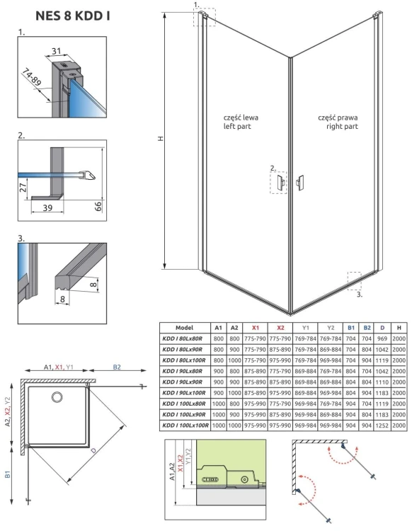 Kabina Radaway Nes 8 Black KDD I 100x100x200 szkło przejrzyste