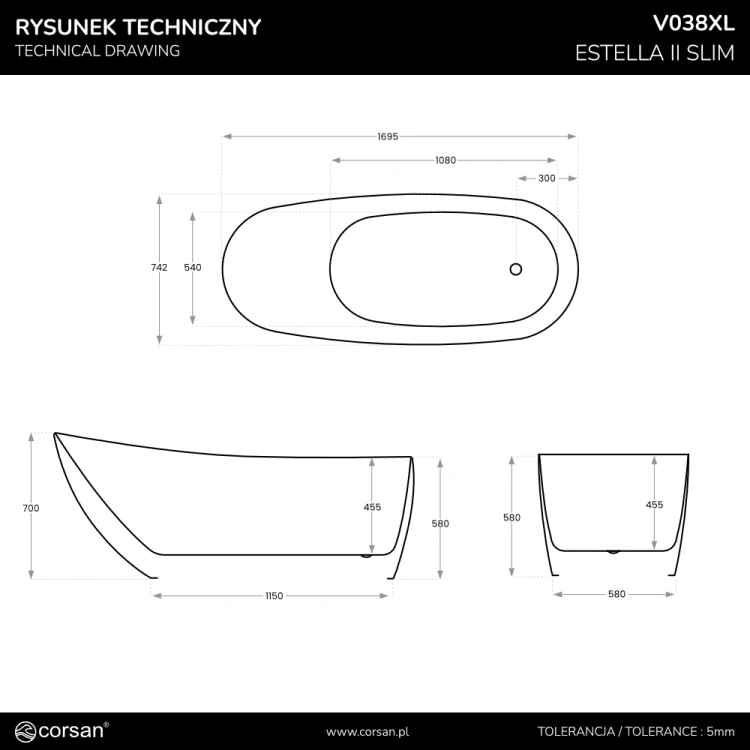 Wanna wolnostojąca estella ii slim v038xlwh 170 cm korek klik klak biały