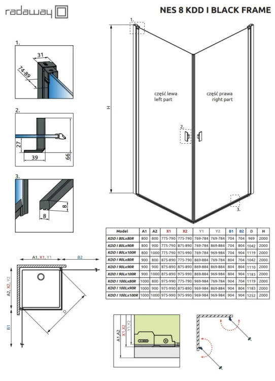 Kabina Radaway Nes 8 Black KDD I Frame 100x100x200 szkło przejrzyste