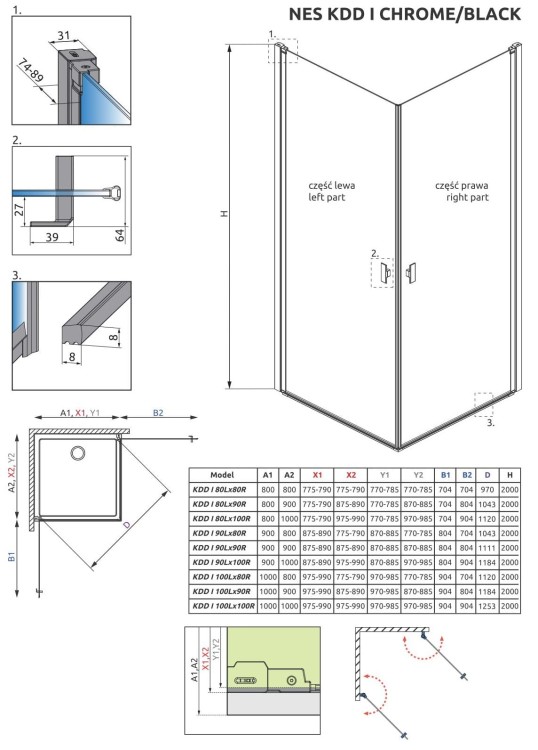 Kabina Radaway Nes KDD I 90x80x200 szkło przejrzyste