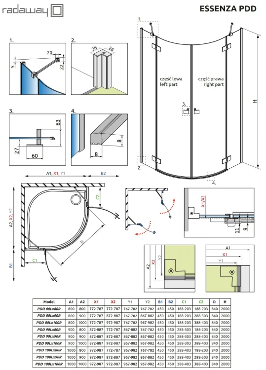 Kabina Radaway Essenza Black PDD 90x100x200 szkło przejrzyste