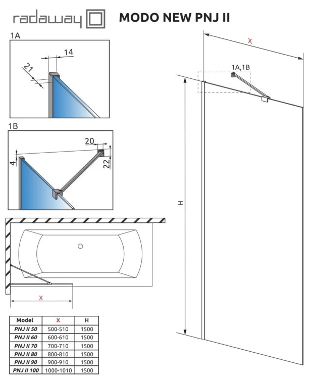 Parawan nawannowy Radaway Modo New Black PNJ 70x150 szkło przejrzyste