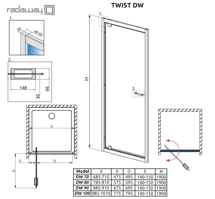 Drzwi wnękowe Radaway Twist DW 80x190 szkło przejrzyste