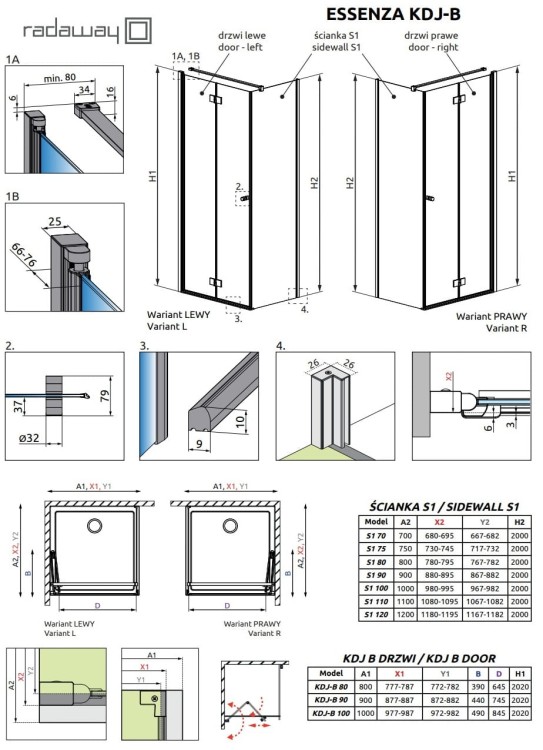 Kabina Radaway Essenza KDJ B 90x90x200 lewa, szkło przejrzyste