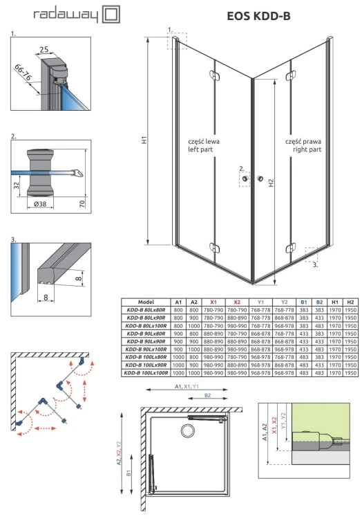 Kabina kwadratowa Radaway Eos KDD-B 100x100x197 szkło przejrzyste