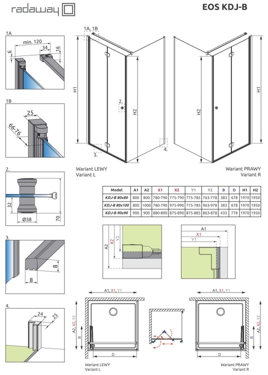 Kabina kwadratowa Radaway Eos KDJ-B 80x80x197 prawa, szkło przejrzyste