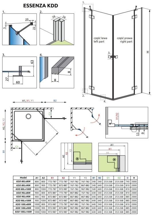 Kabina Radaway Essenza Black KDD 100x90x200 szkło przejrzyste