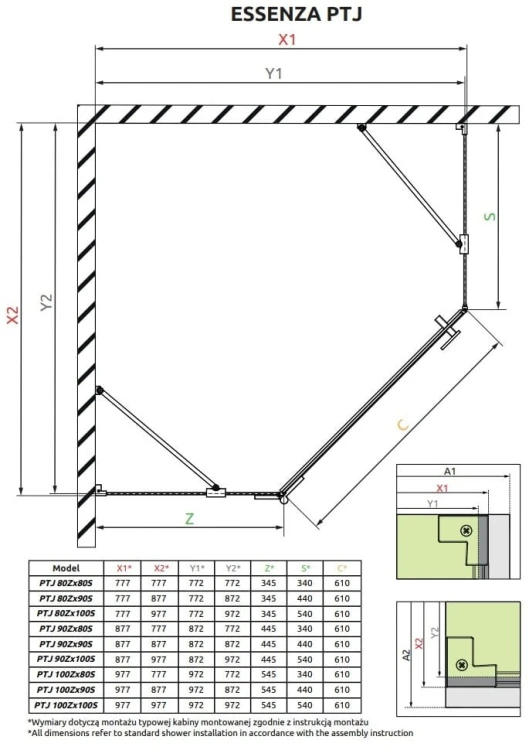 Kabina pięciokątna Radaway Essenza PTJ 90x80x200 prawa przejrzysta