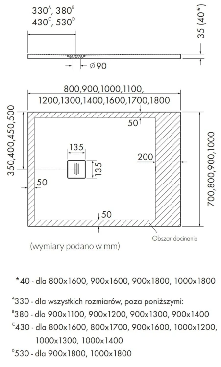Brodzik prostokątny PROTOS White Stone 100x180 Schedpol Schedline, biały