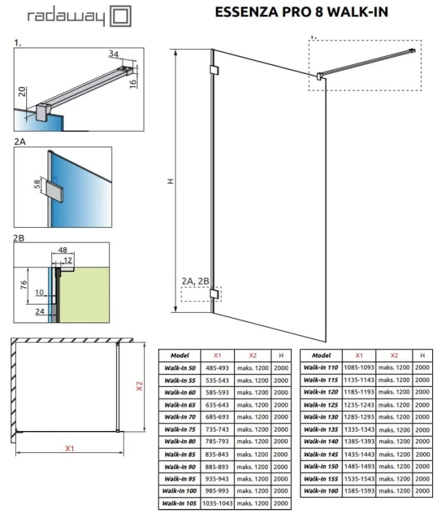 Kabina prysznicowa Radaway Essenza Pro 8 Gold Walk-in II 115x200